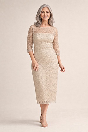 Lotta Sequin Cocktail Midi Champagne Gown by Trellis Lane mother of the bride dress on model