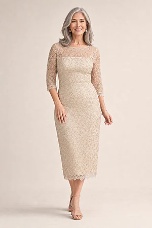 Lotta Sequin Cocktail Midi Champagne Gown by Trellis Lane