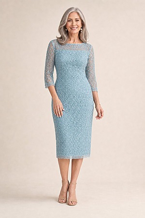 Lotta Sequin Cocktail Midi Light Blue Gown by Trellis Lane mother of the bride dress on model