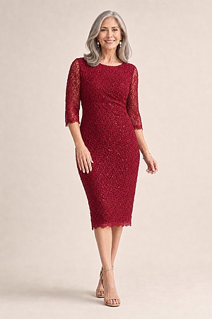 Lotta Sequin Cocktail Midi Wine Gown by Trellis Lane mother of the bride dress on model