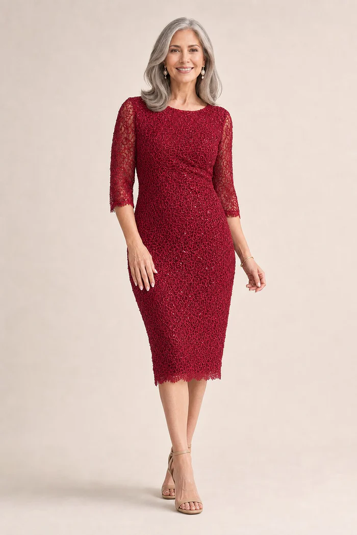 Lotta Sequin Cocktail Midi Wine Gown by Trellis Lane mother of the bride dress on model