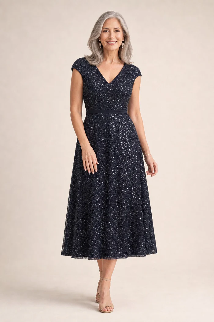 Mackenzie Cocktail Gown by Trellis Lane in Navy mother of the bride dress on model