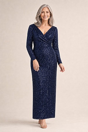 Madonna Sequin Evening Gown by Tania Olsen - Navy Blue mother of the bride dress on model