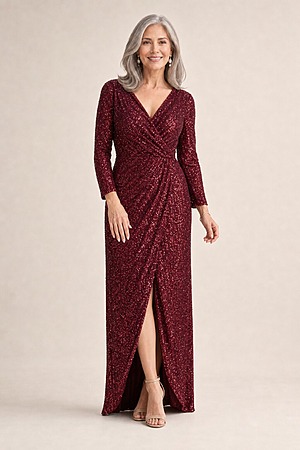 Madonna Sequin Evening Gown by Tania Olsen - Wine Red mother of the bride dress on model
