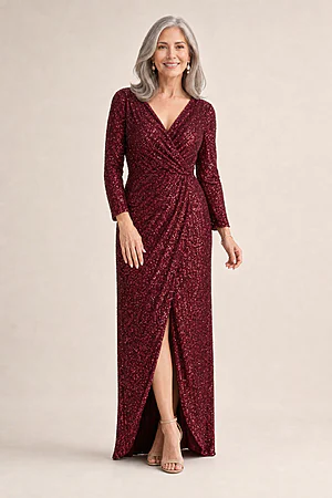 Madonna Sequin Evening Gown by Tania Olsen - Wine Red