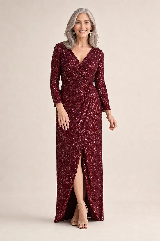 Madonna Sequin Evening Gown by Tania Olsen - Wine Red mother of the bride dress on model