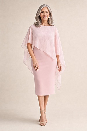 Mannie Blush Midi Dress with Metallic Shine by Trellis Lane mother of the bride dress on model