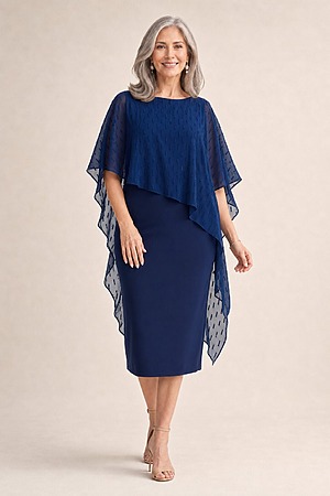 Mannie Navy Midi Dress with Metallic Shine by Trellis Lane mother of the bride dress on model