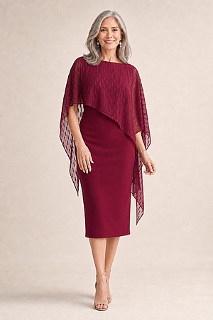 Mannie Wine Midi Dress with Metallic Shine by Trellis Lane mother of the bride dress on model