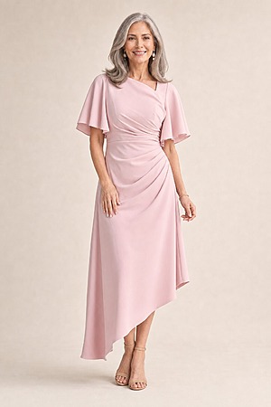 Martha Hem Blush Dress Soft Drape with Modern Ease by Trellis Lane mother of the bride dress on model