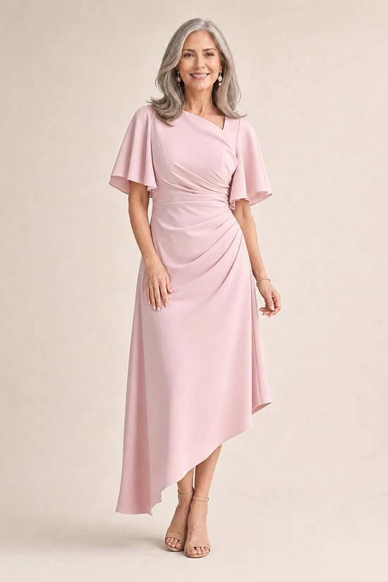Martha Hem Blush Dress Soft Drape with Modern Ease by Trellis Lane mother of the bride dress on model