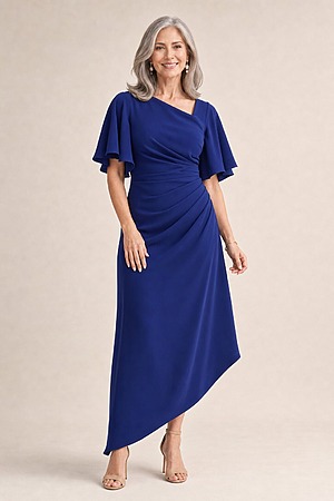 Martha Hem Navy Dress Soft Drape with Modern Ease by Trellis Lane mother of the bride dress on model