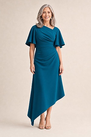 Martha Hem Teal Dress Soft Drape with Modern Ease by Trellis Lane mother of the bride dress on model