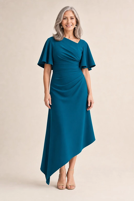Martha Hem Teal Dress Soft Drape with Modern Ease by Trellis Lane mother of the bride dress on model