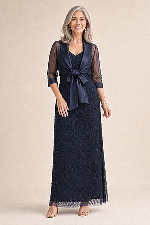 Midnight Organza Wrap Jacket With Short Sleeves by Adrianna Papell mother of the bride dress on model