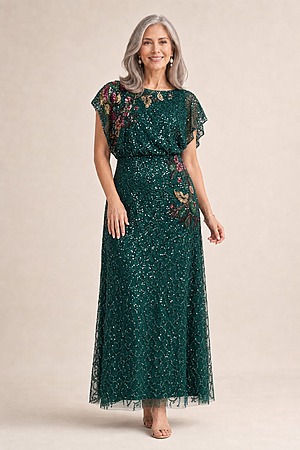 Multicolor Floral Beaded Mermaid Gem Green Gown With Dolman Sleeves by Adrianna Papell mother of the bride dress on model
