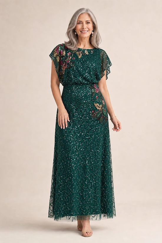 Multicolor Floral Beaded Mermaid Gem Green Gown With Dolman Sleeves by Adrianna Papell mother of the bride dress on model