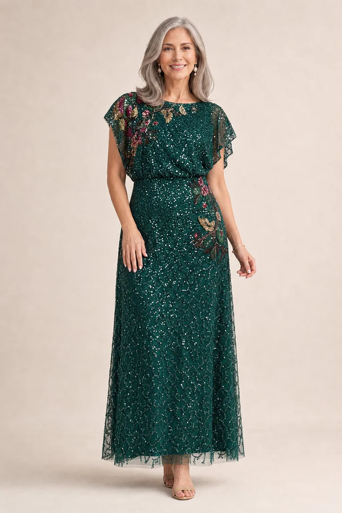Multicolor Floral Beaded Mermaid Gem Green Gown With Dolman Sleeves by Adrianna Papell mother of the bride dress on model