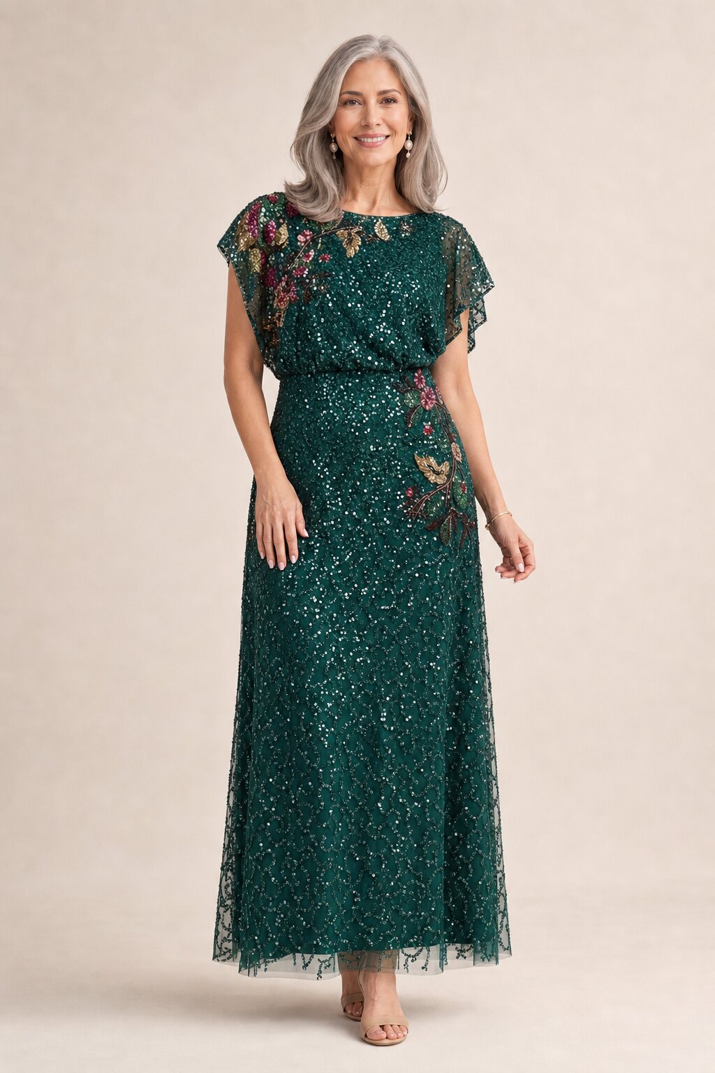 Multicolor Floral Beaded Mermaid Gem Green Gown With Dolman Sleeves by Adrianna Papell