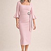 Nancy Blush Midi Elegant Ruching with Refined Structure by Trellis Lane mother of the bride dress on model