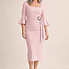 Nancy Blush Midi Elegant Ruching with Refined Structure by Trellis Lane mother of the bride dress on model