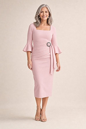 Nancy Blush Midi Elegant Ruching with Refined Structure by Trellis Lane mother of the bride dress on model