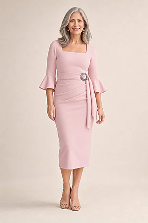 Nancy Blush Midi Elegant Ruching with Refined Structure by Trellis Lane