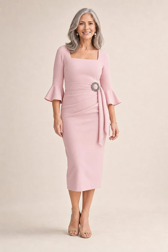 Nancy Blush Midi Elegant Ruching with Refined Structure by Trellis Lane mother of the bride dress on model