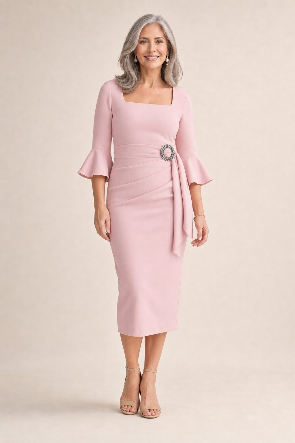 Nancy Blush Midi Elegant Ruching with Refined Structure by Trellis Lane