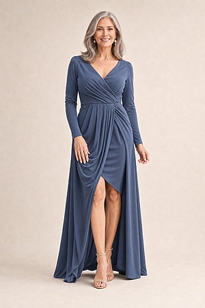 Nancy Full Sleeve Dress by Tania Olsen - Dusty Indigo mother of the bride dress on model