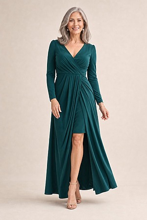 Nancy Full Sleeve Dress by Tania Olsen - Pine Green mother of the bride dress on model