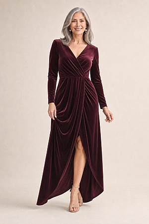 Nancy Full Sleeve Dress by Tania Olsen - Wine mother of the bride dress on model