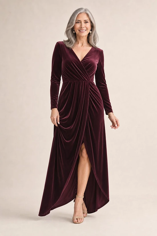 Nancy Full Sleeve Dress by Tania Olsen - Wine mother of the bride dress on model