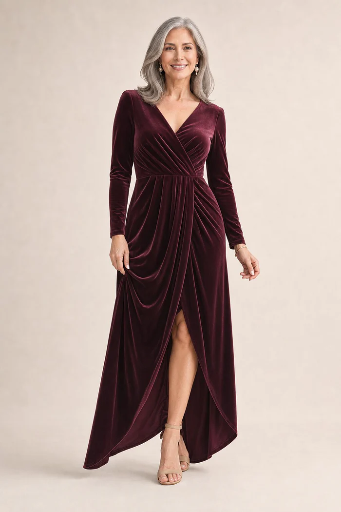 Nancy Full Sleeve Dress by Tania Olsen - Wine mother of the bride dress on model