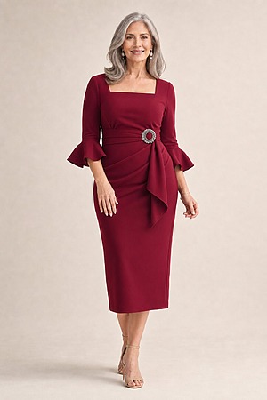 Nancy Wine Midi Elegant Ruching with Refined Structure by Trellis Lane mother of the bride dress on model