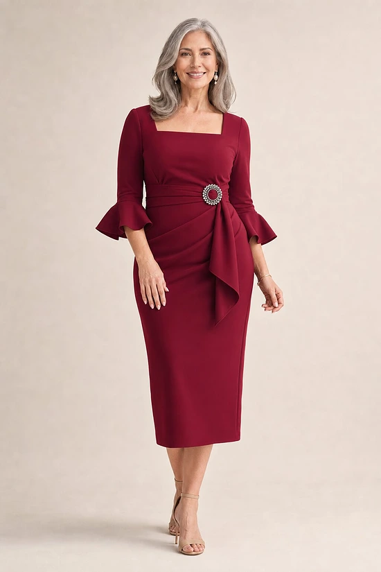 Nancy Wine Midi Elegant Ruching with Refined Structure by Trellis Lane mother of the bride dress on model