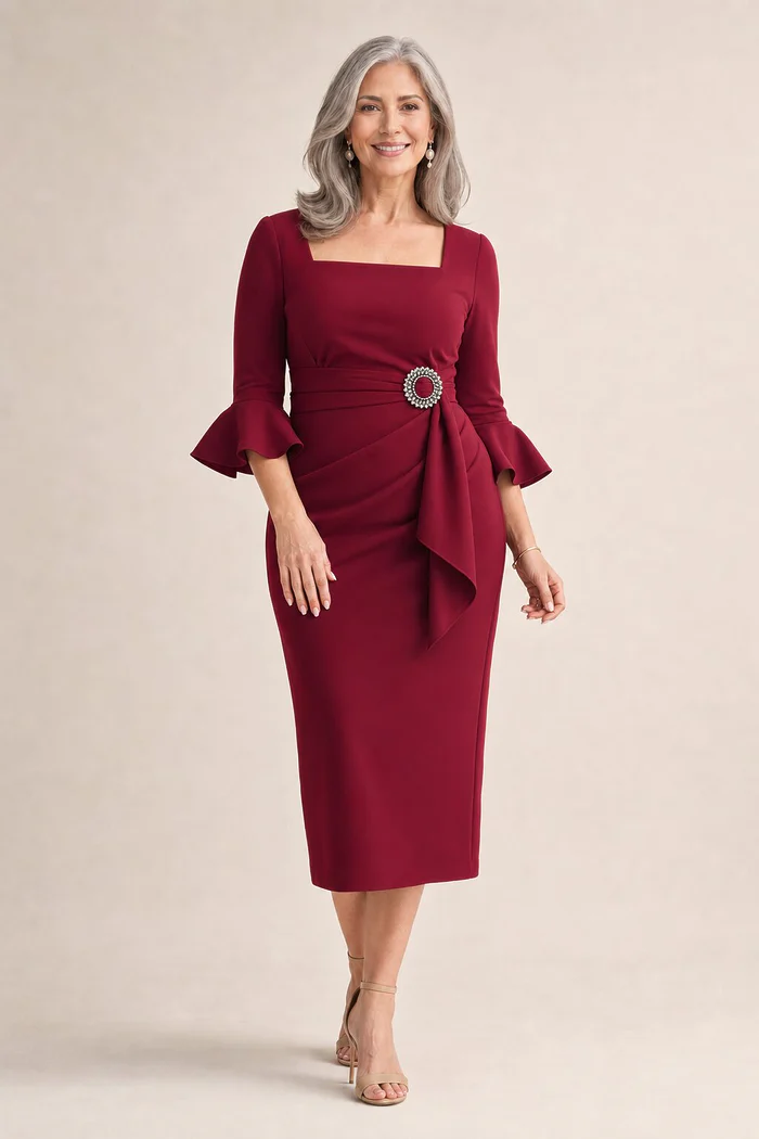 Nancy Wine Midi Elegant Ruching with Refined Structure by Trellis Lane mother of the bride dress on model