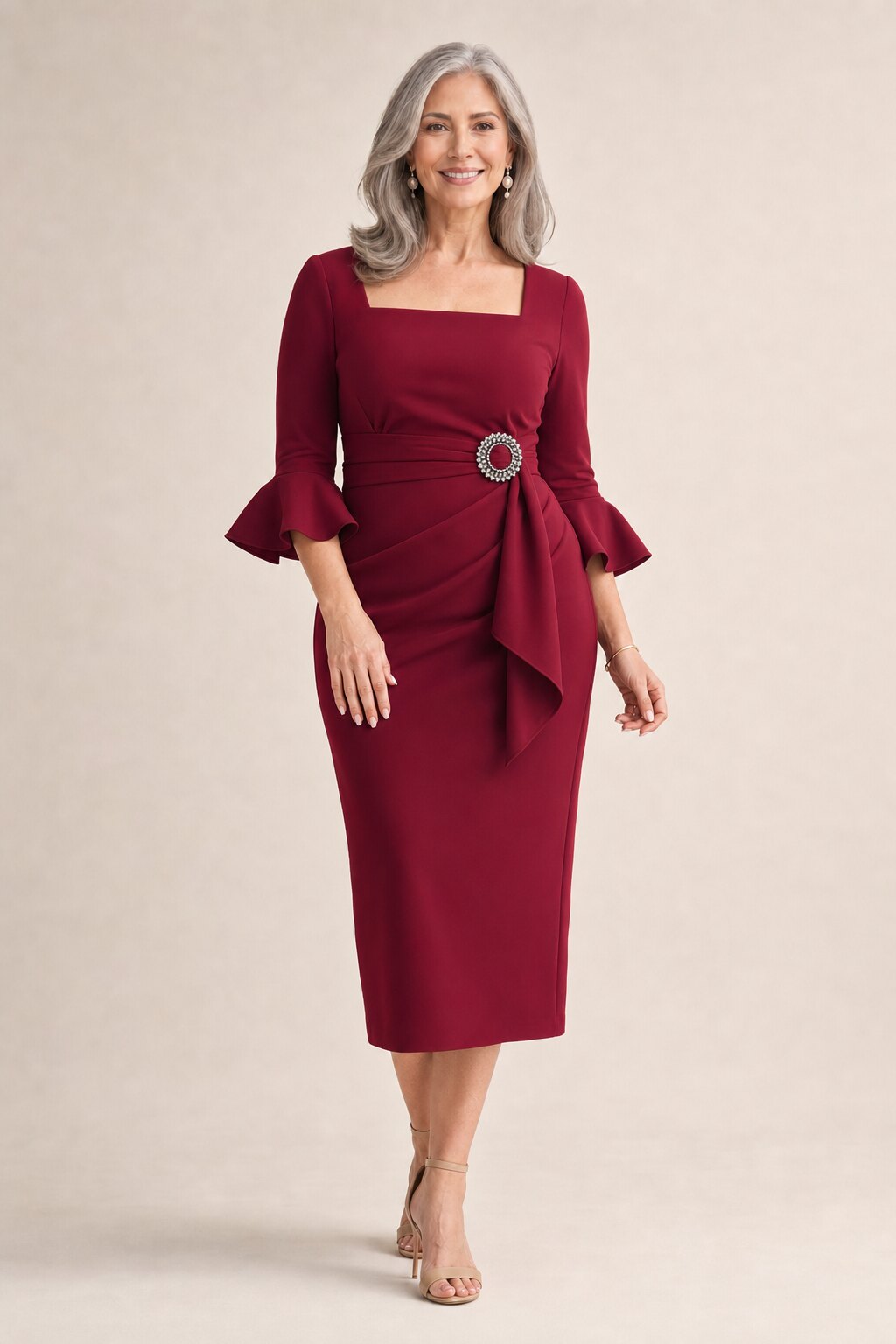 Nancy Wine Midi Elegant Ruching with Refined Structure by Trellis Lane