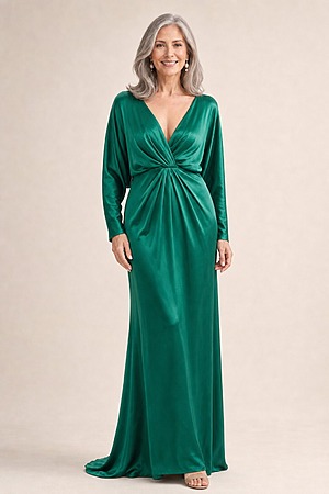 Nelson Full Sleeve Satin Gown by Tania Olsen - Emerald mother of the bride dress on model