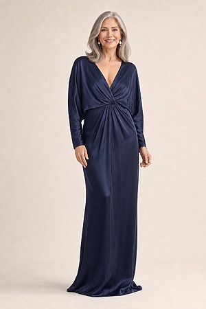 Nelson Full Sleeve Satin Gown by Tania Olsen - Navy Blue mother of the bride dress on model