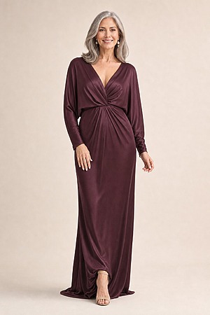 Nelson Full Sleeve Satin Gown by Tania Olsen - Plum mother of the bride dress on model