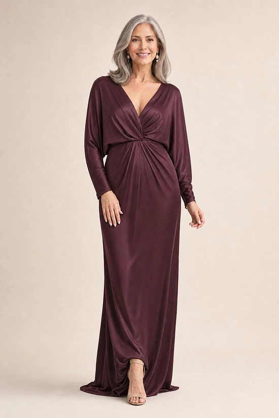 Nelson Full Sleeve Satin Gown by Tania Olsen - Plum mother of the bride dress on model