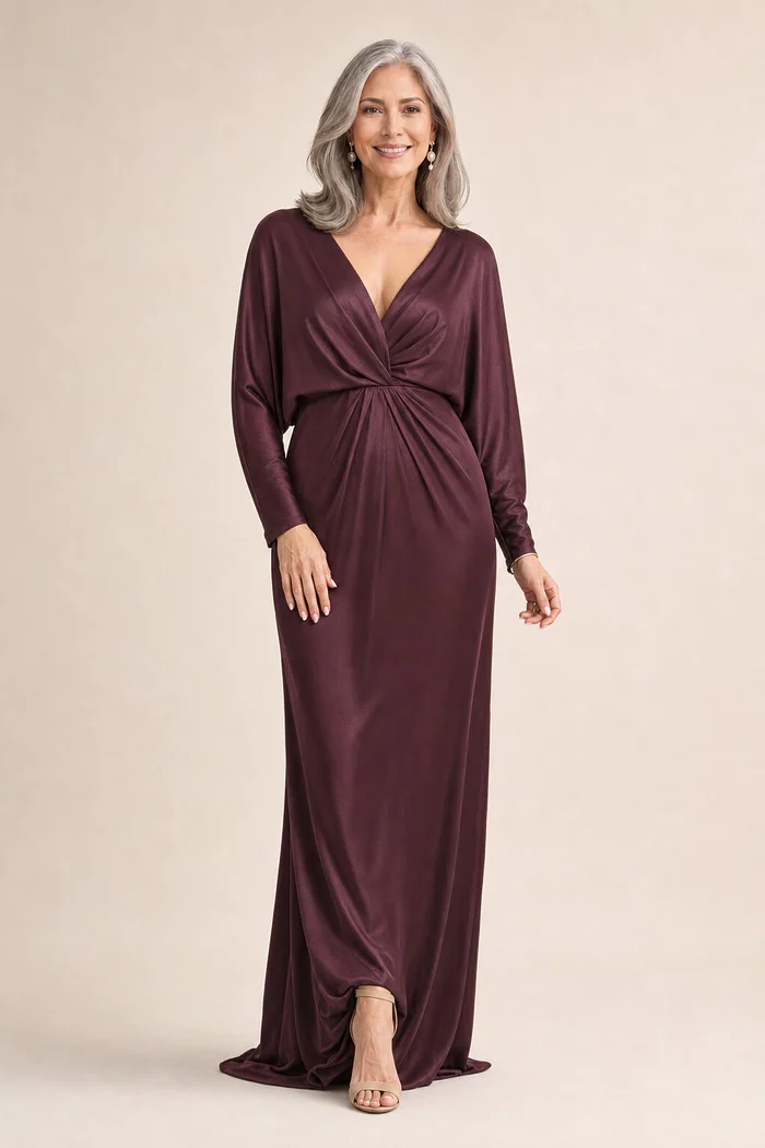 Nelson Full Sleeve Satin Gown by Tania Olsen - Plum mother of the bride dress on model