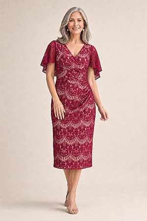 Nikita Lace Wine Midi Soft Draping Dress by Trellis Lane mother of the bride dress on model