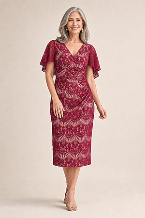 Nikita Lace Wine Midi Soft Draping Dress by Trellis Lane