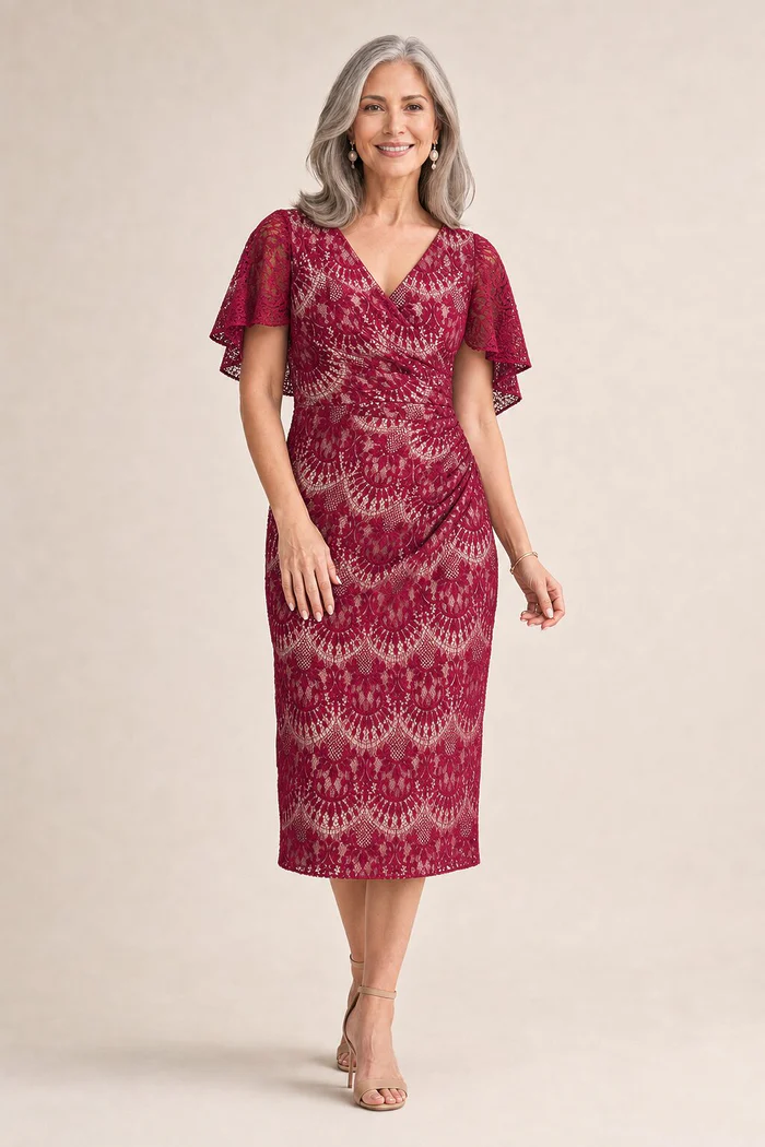 Nikita Lace Wine Midi Soft Draping Dress by Trellis Lane mother of the bride dress on model