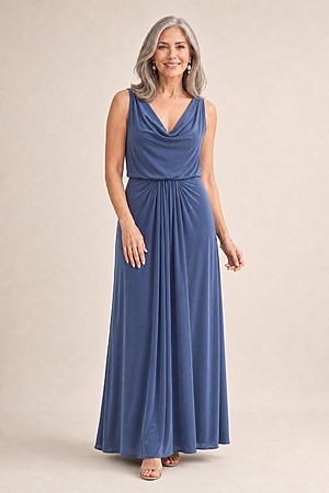 Novara Cowl Jersey Dress by Tania Olsen - Dusty Indigo mother of the bride dress on model