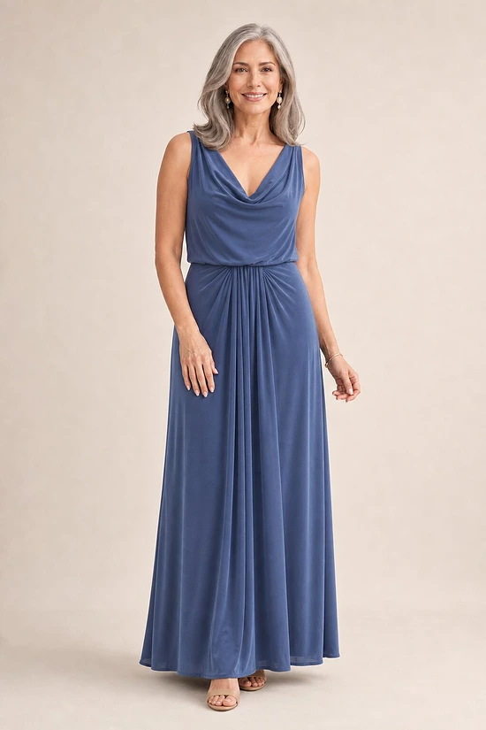Novara Cowl Jersey Dress by Tania Olsen - Dusty Indigo mother of the bride dress on model