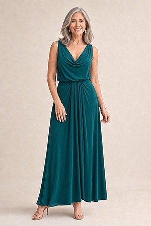 Novara Cowl Jersey Dress by Tania Olsen - Pine Green mother of the bride dress on model