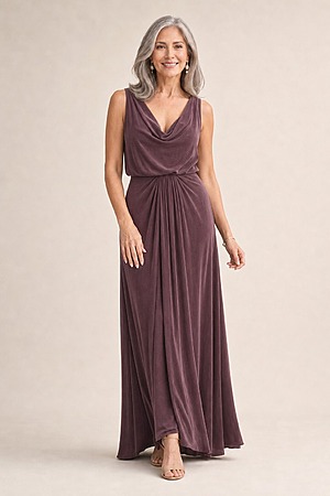 Novara Cowl Jersey Dress by Tania Olsen - Tea Rose mother of the bride dress on model